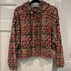 Zara Multicolor Tweed Sweater with Pearl Accents